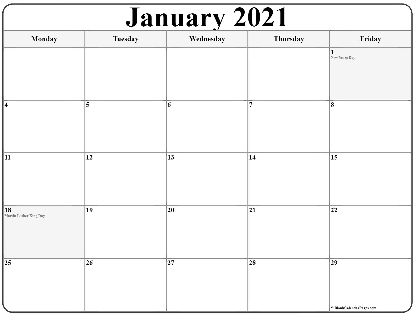 Printable Monday Through Sunday Calendar 2021 Calendar