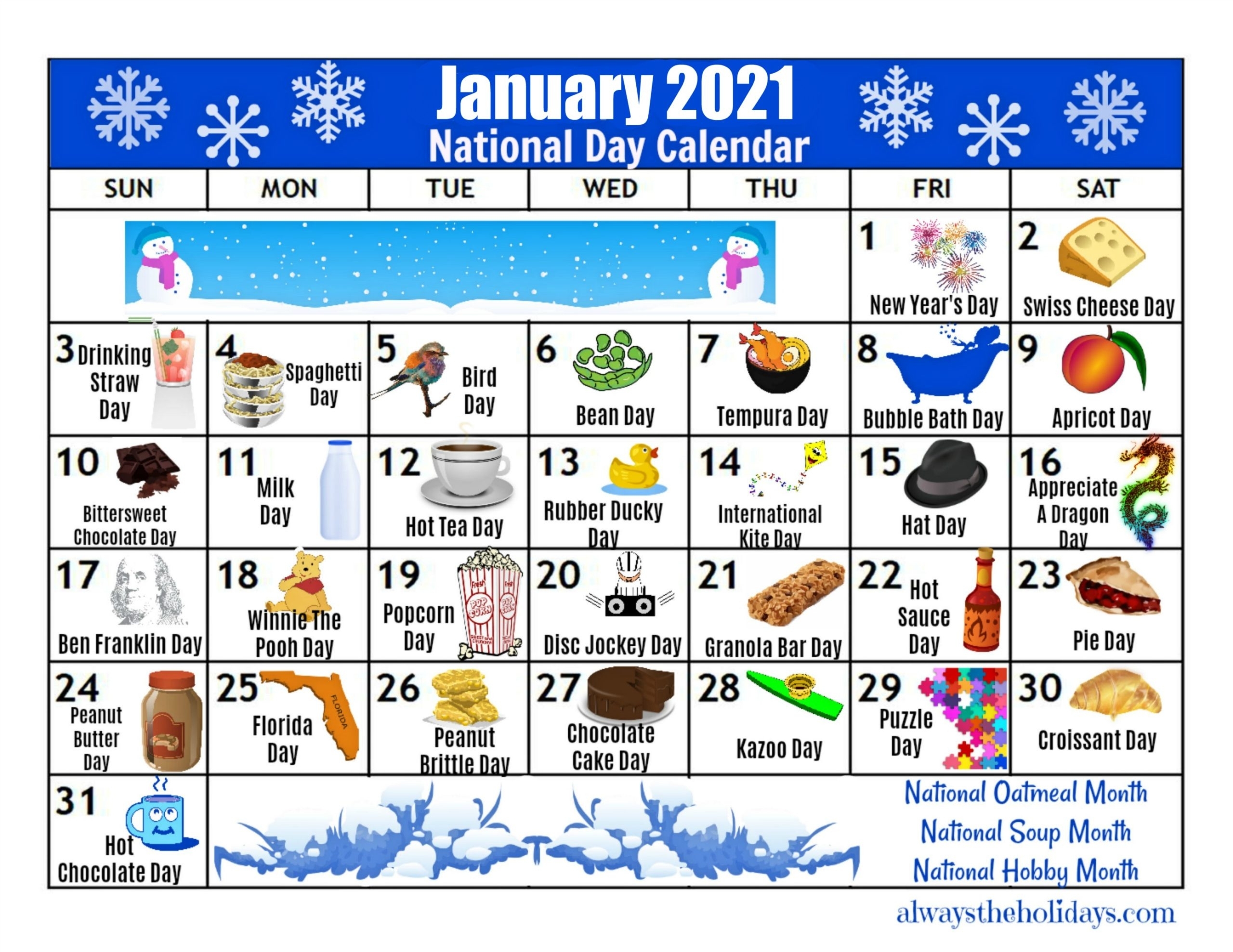 January Printable National Day Calendar 2021 - Free Planning