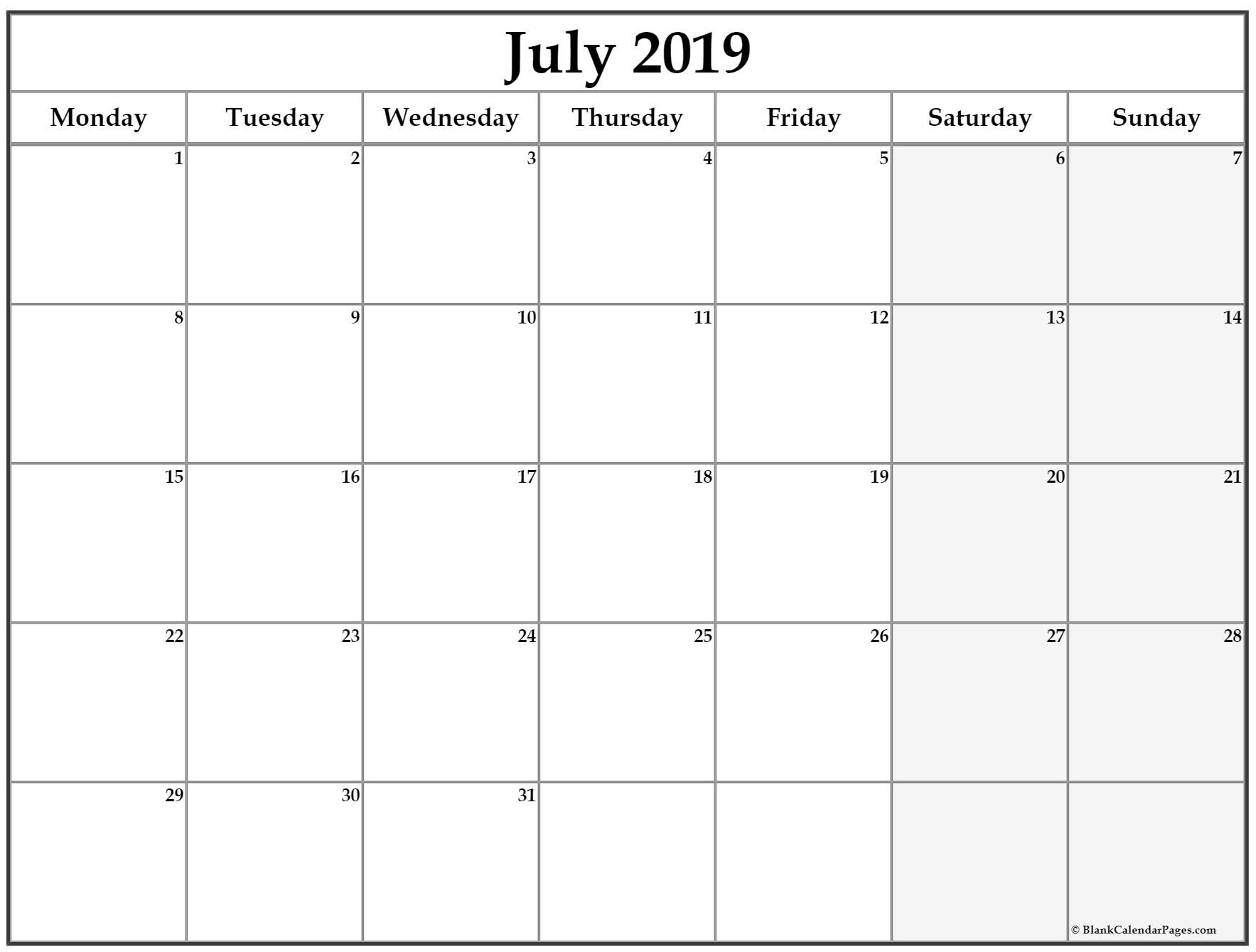 July 2019 Monday Calendar. Monday To Sunday | Calendar intended for Printable Calendar 2020 Monday To Sunday