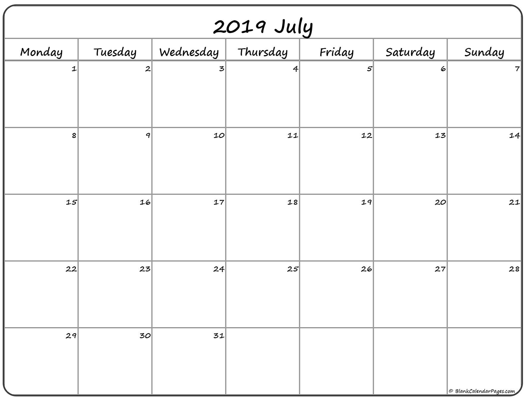 July 2019 Monday Calendar. Monday To Sunday | Printable