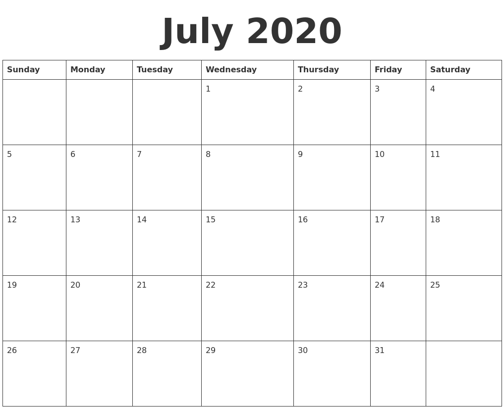 July 2020 Blank Calendar Template