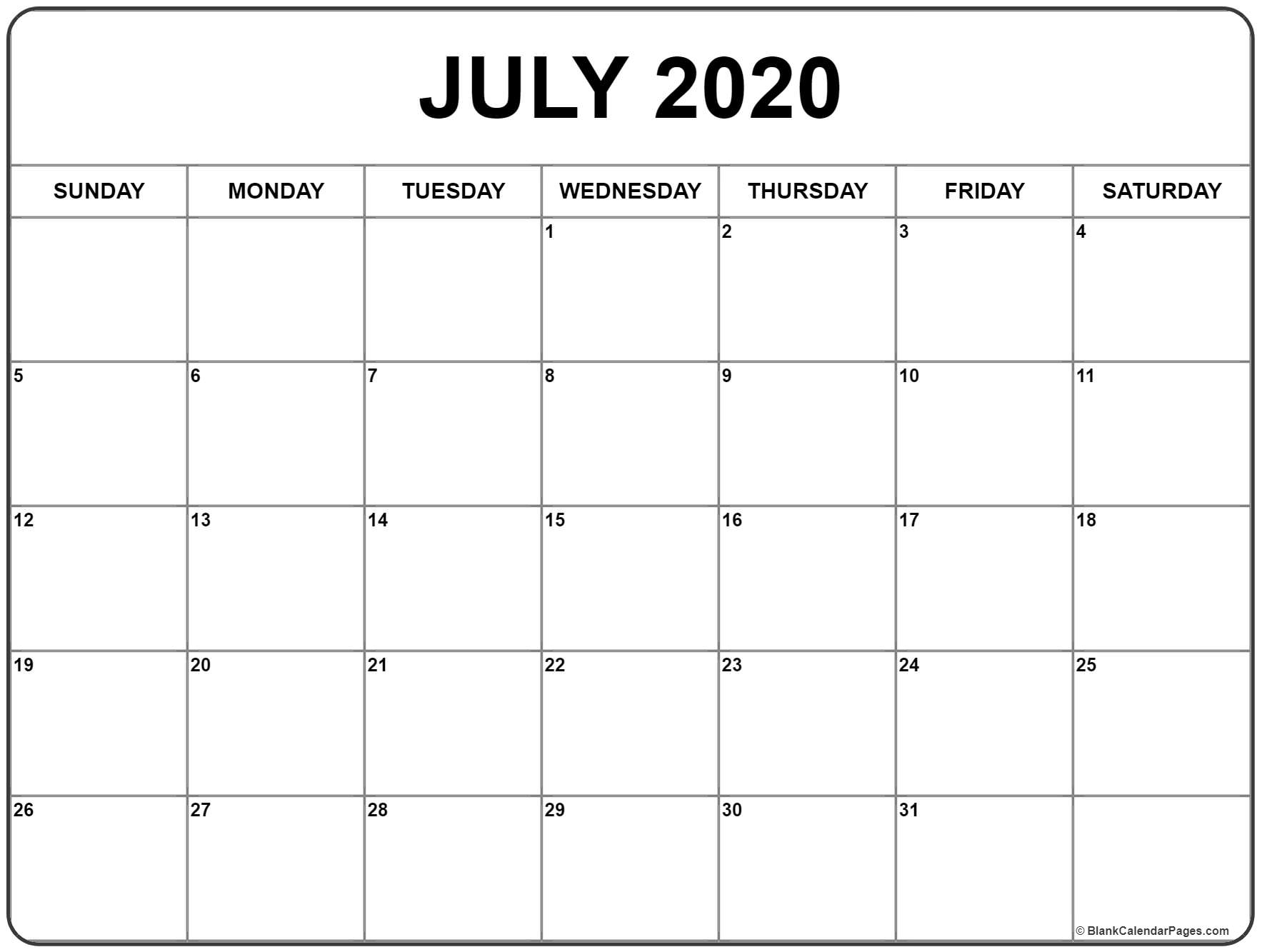 July 2020 Calendar | Free Printable Monthly Calendars pertaining to Free Printable Calendar With Space To Write