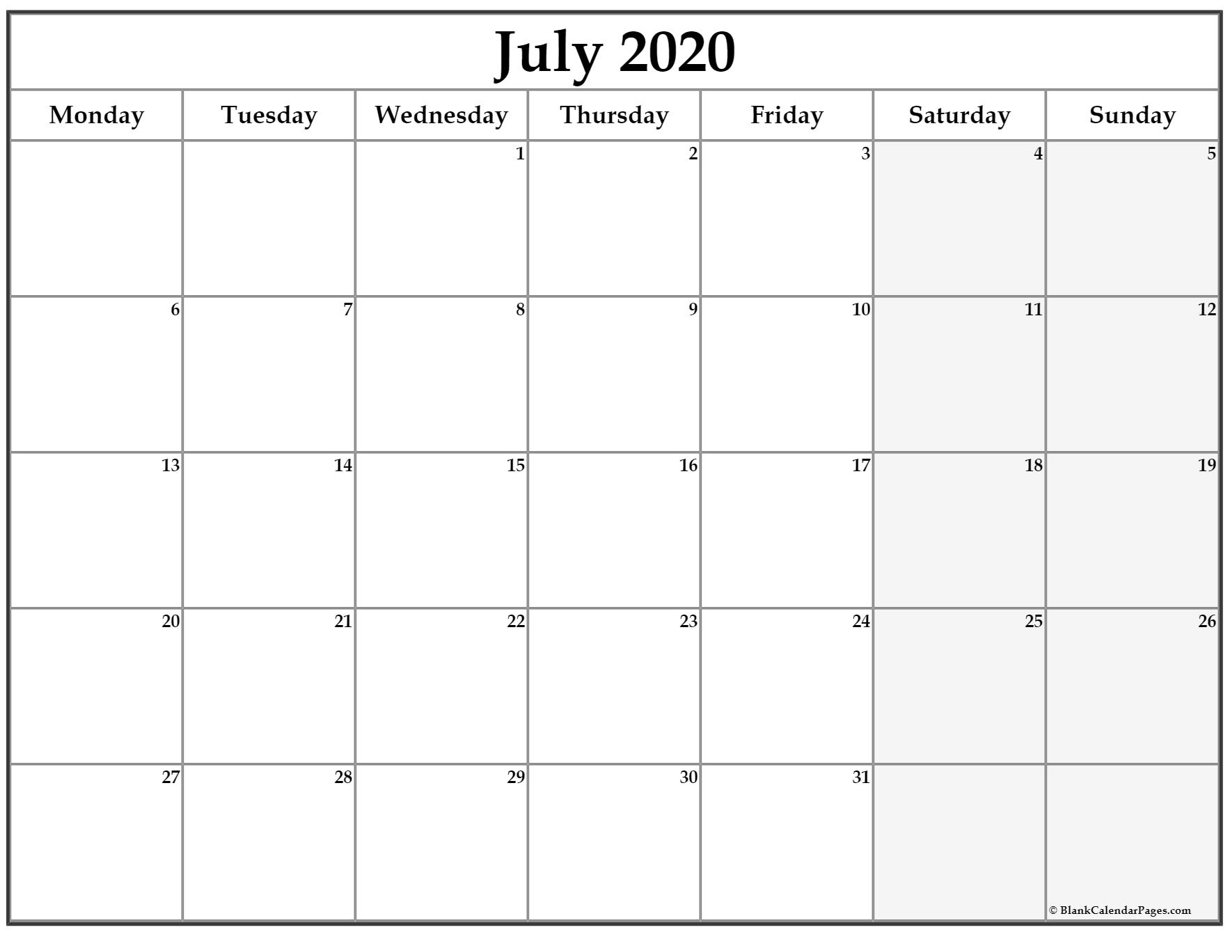 July 2020 Monday Calendar | Monday To Sunday for Printable Monday Calendar Monday Start