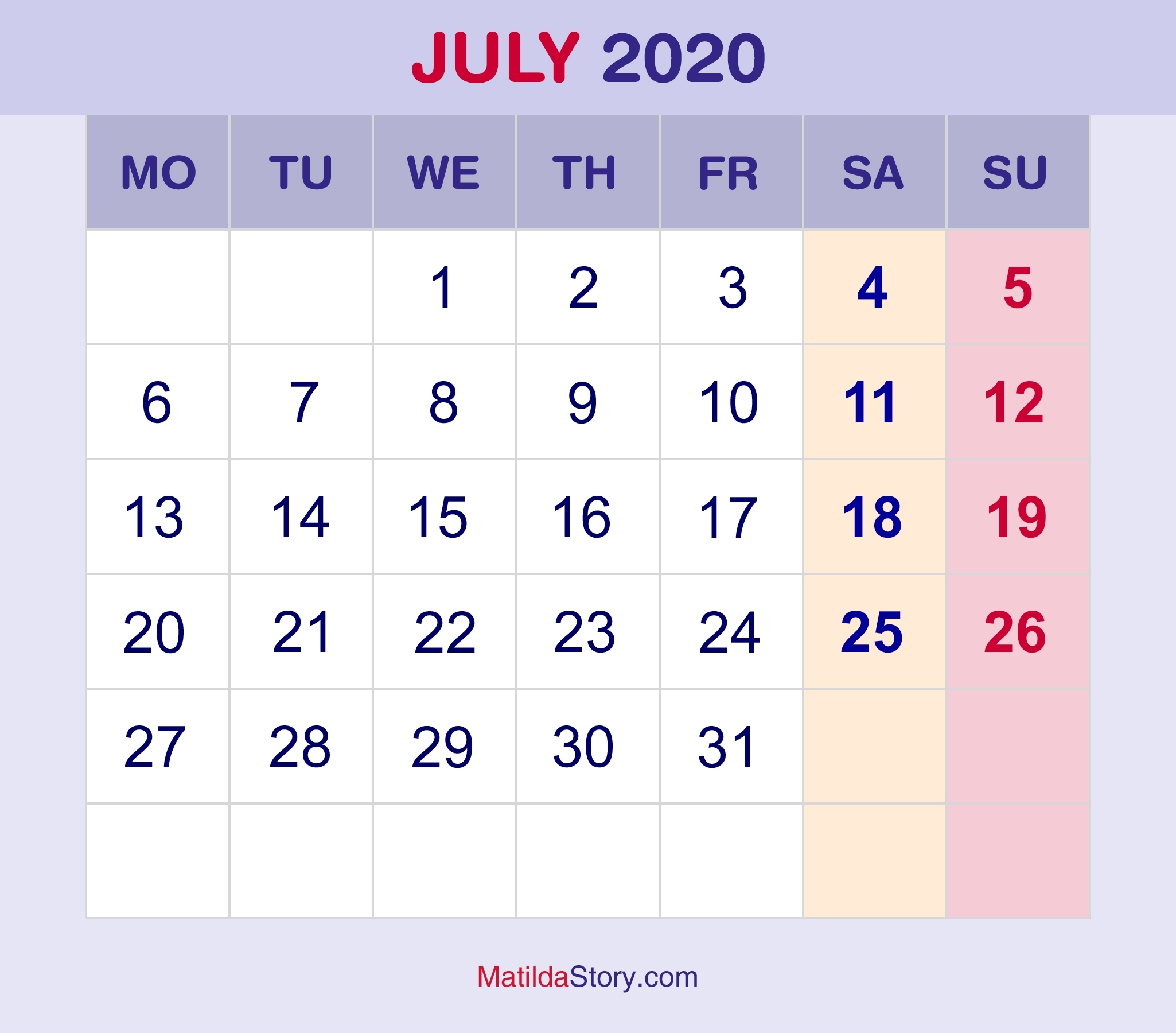 July 2020 Monthly Calendar, Monthly Planner, Printable Free throughout Monday Start Calendars With Lines