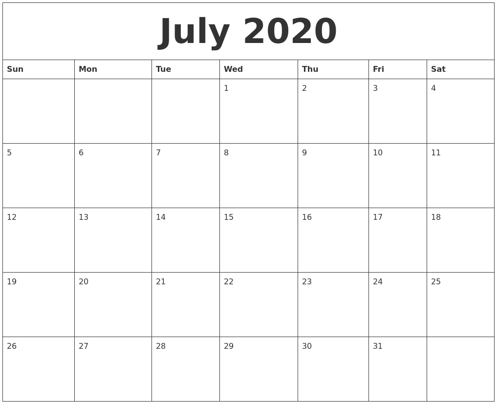 July 2020 Printable Calander