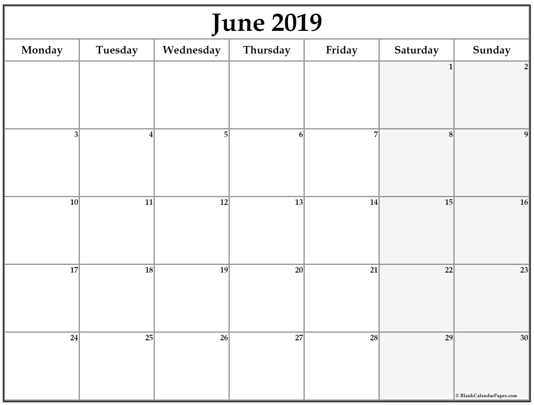 June 2019 Monday Calendar. Monday To Sunday | Calendar pertaining to Monday Start Calendars With Lines