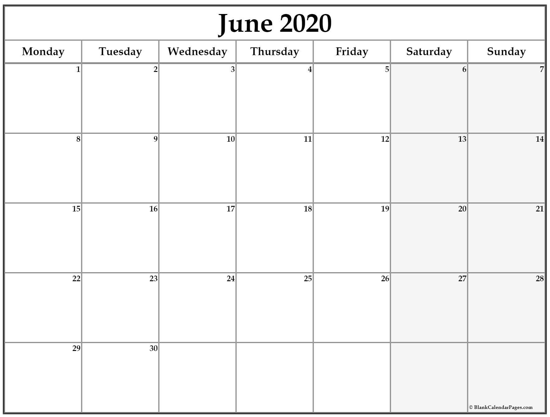June 2020 Monday Calendar | Monday To Sunday regarding Monday Start Calendars With Lines