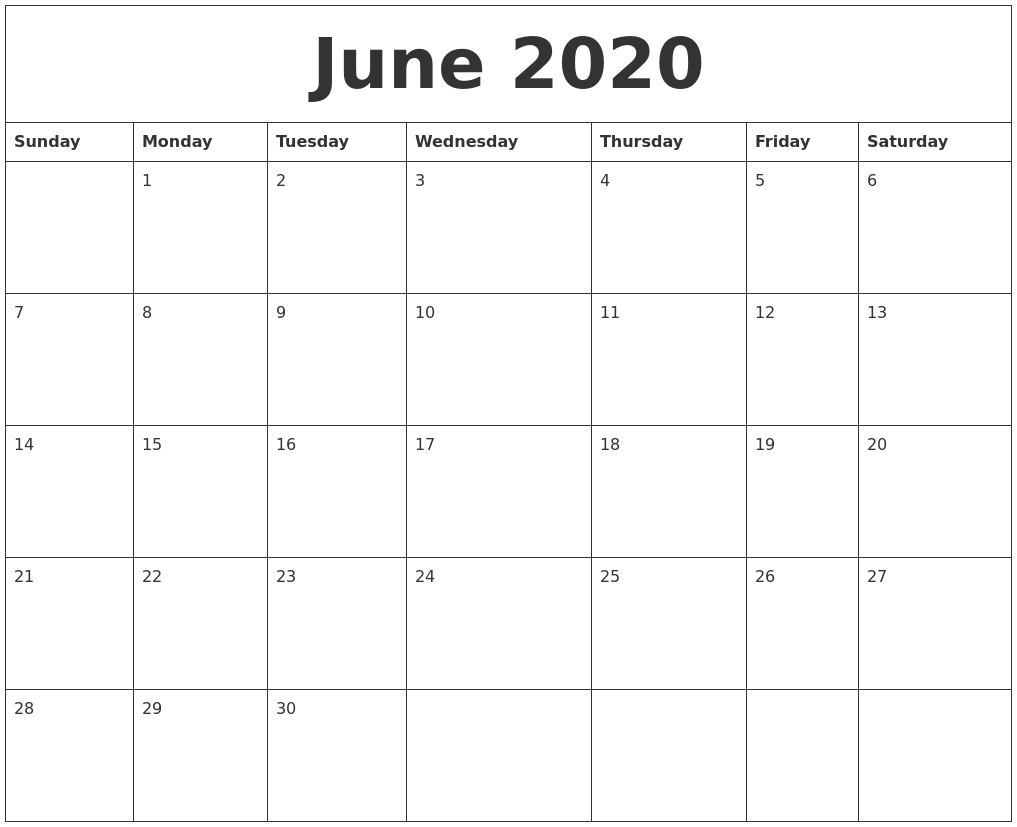 June 2020 Online Calendar Template