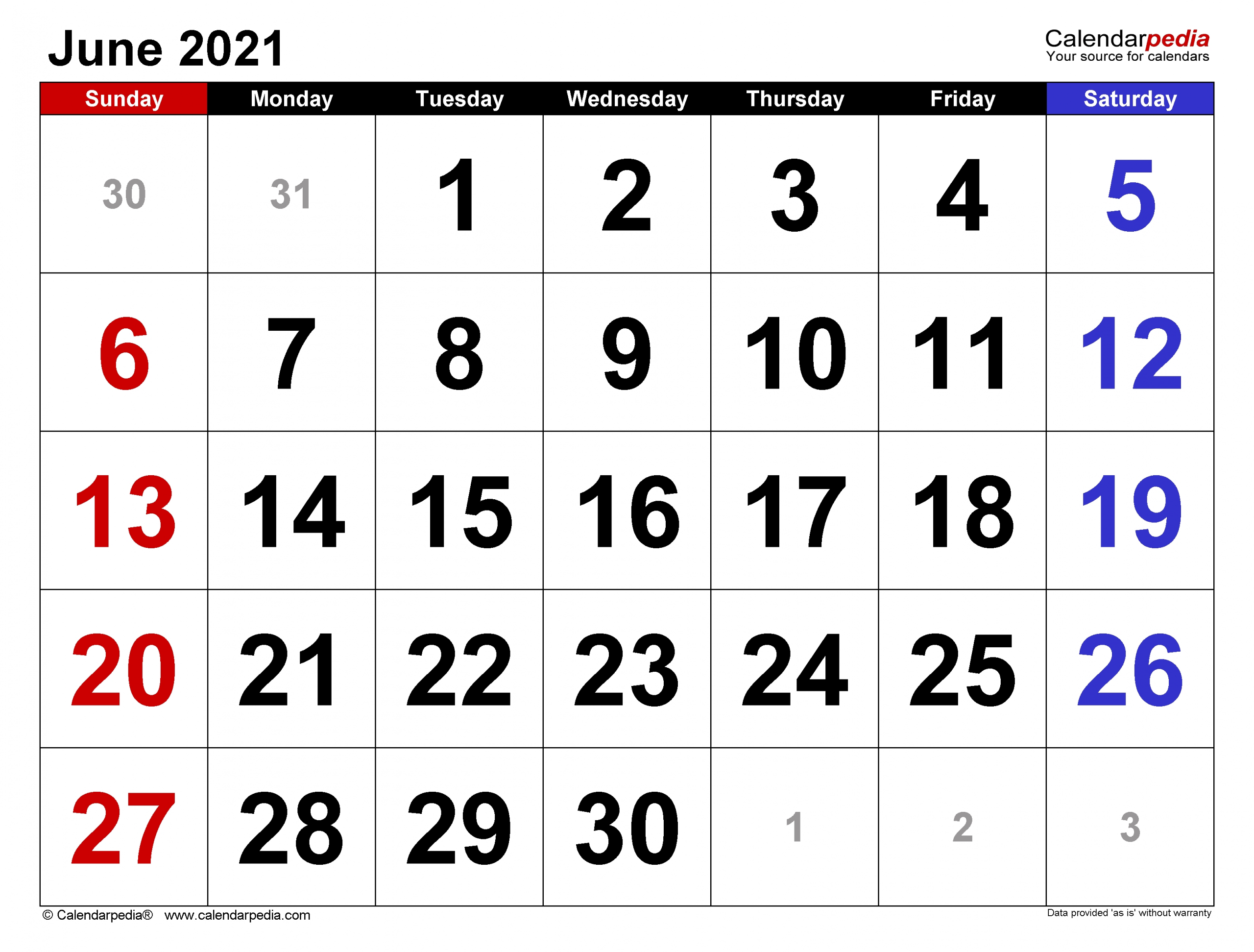 June 2021 Calendar | Templates For Word, Excel And Pdf