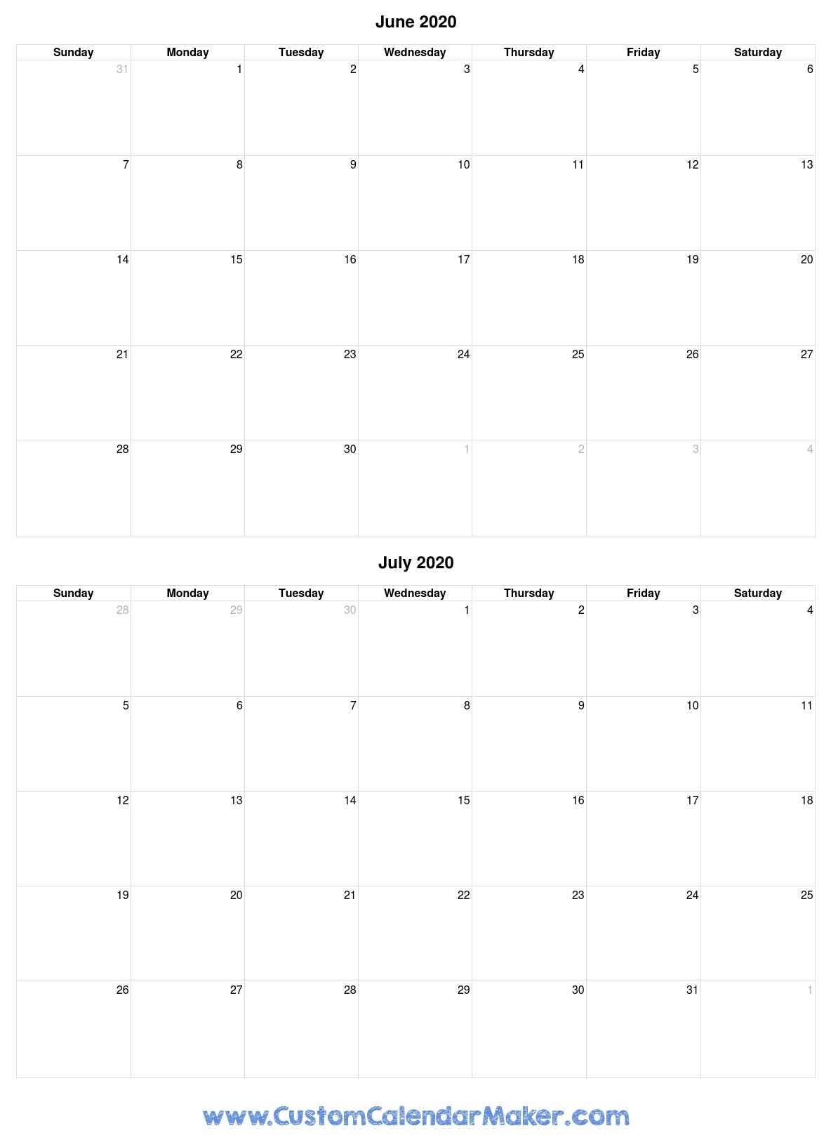 June And July 2020 Free Printable Calendar Template