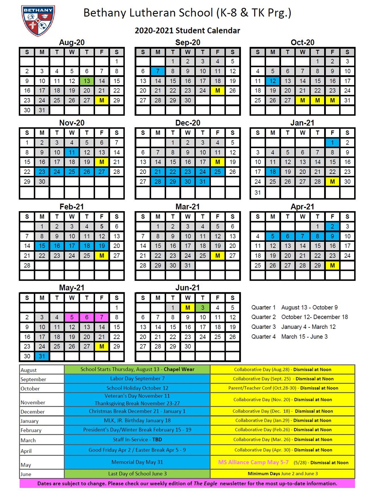 K-8 &amp; Tk Calendars | Bethany Lutheran Ministries