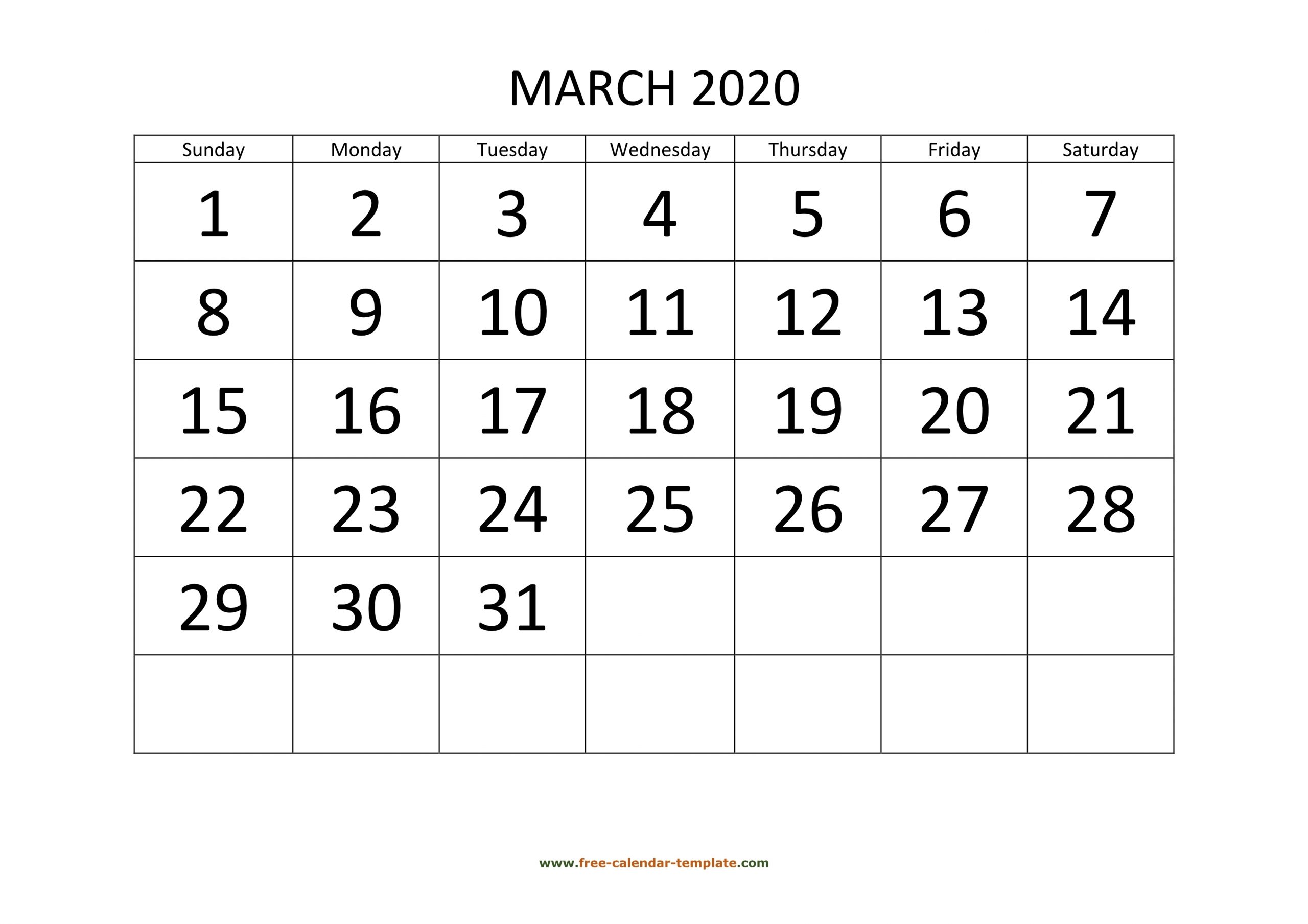 March 2020 Free Calendar Tempplate | Free-Calendar-Template for Large Box Printable 2020 Calendar