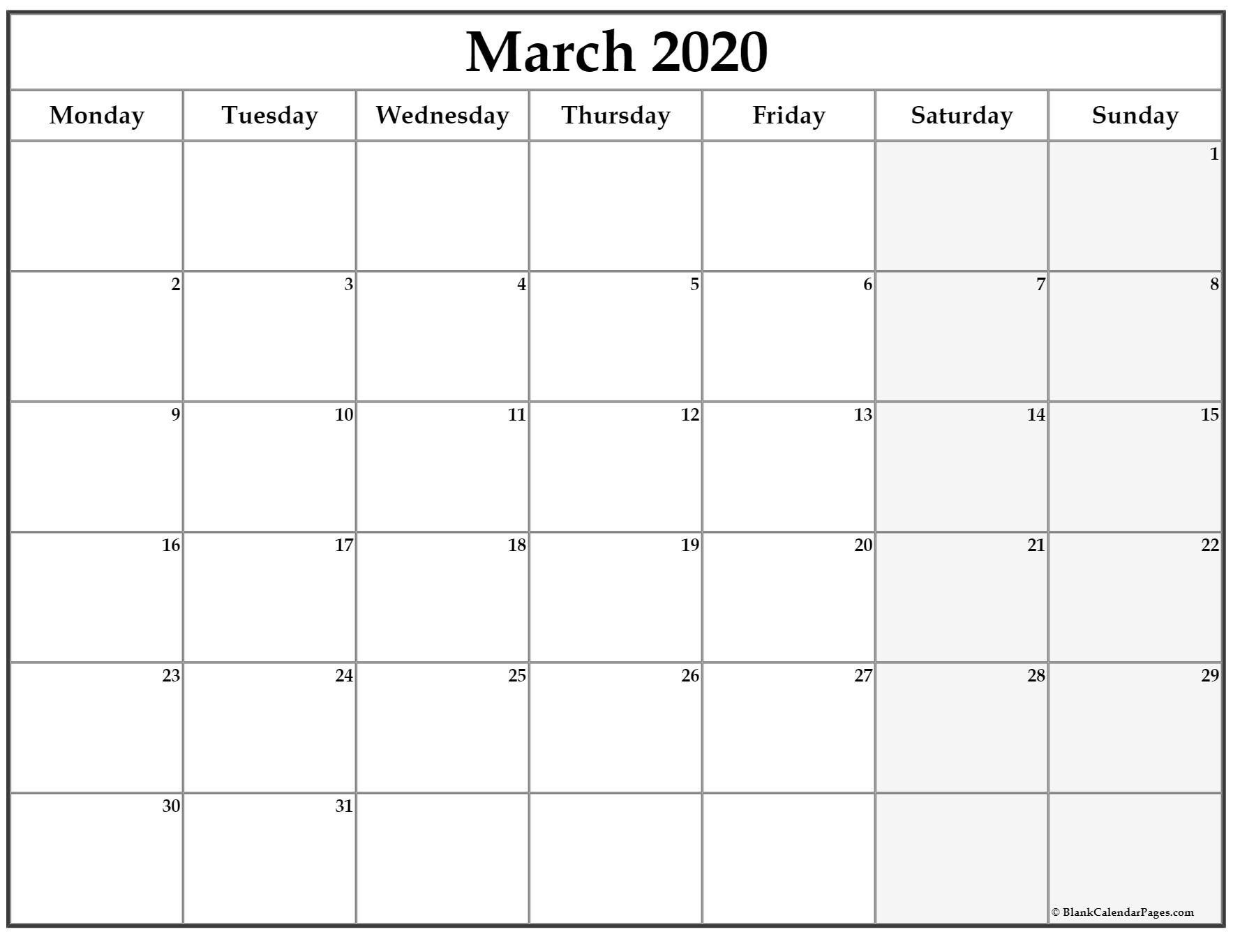 March 2020 Monday Calendar | Monday To Sunday