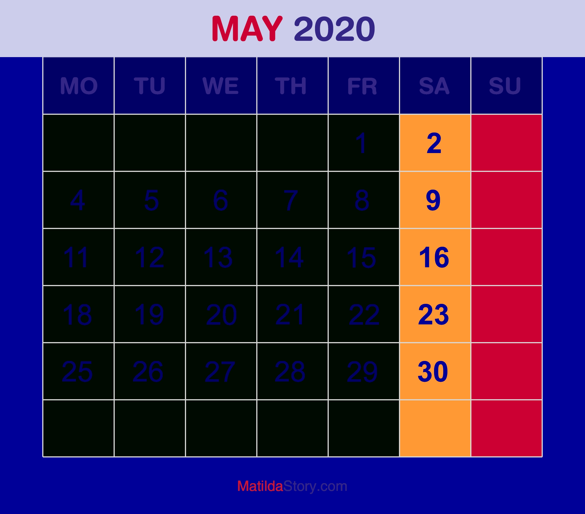 May 2020 Monthly Calendar, Monthly Planner, Printable Free in Monthly Calendars That Start With Monday