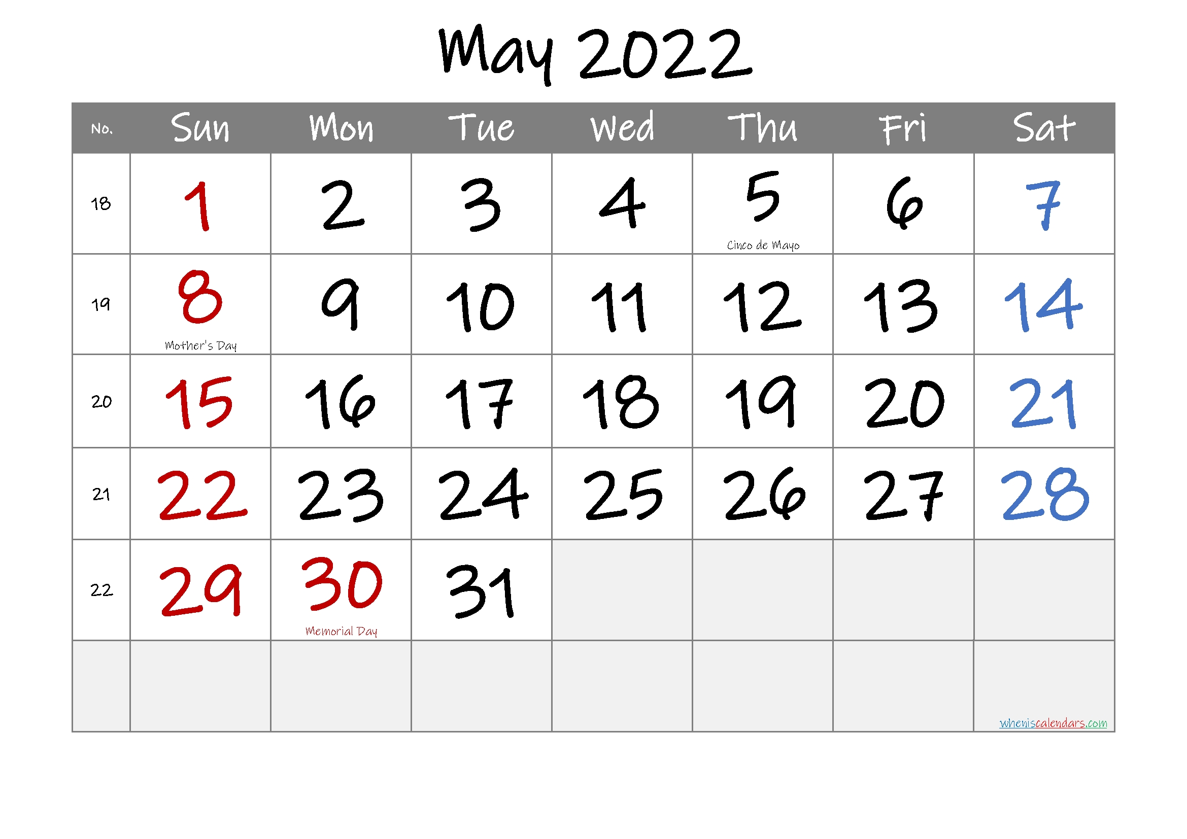 May 2022 Free Printable Calendar-Template No.if22M29 – Free