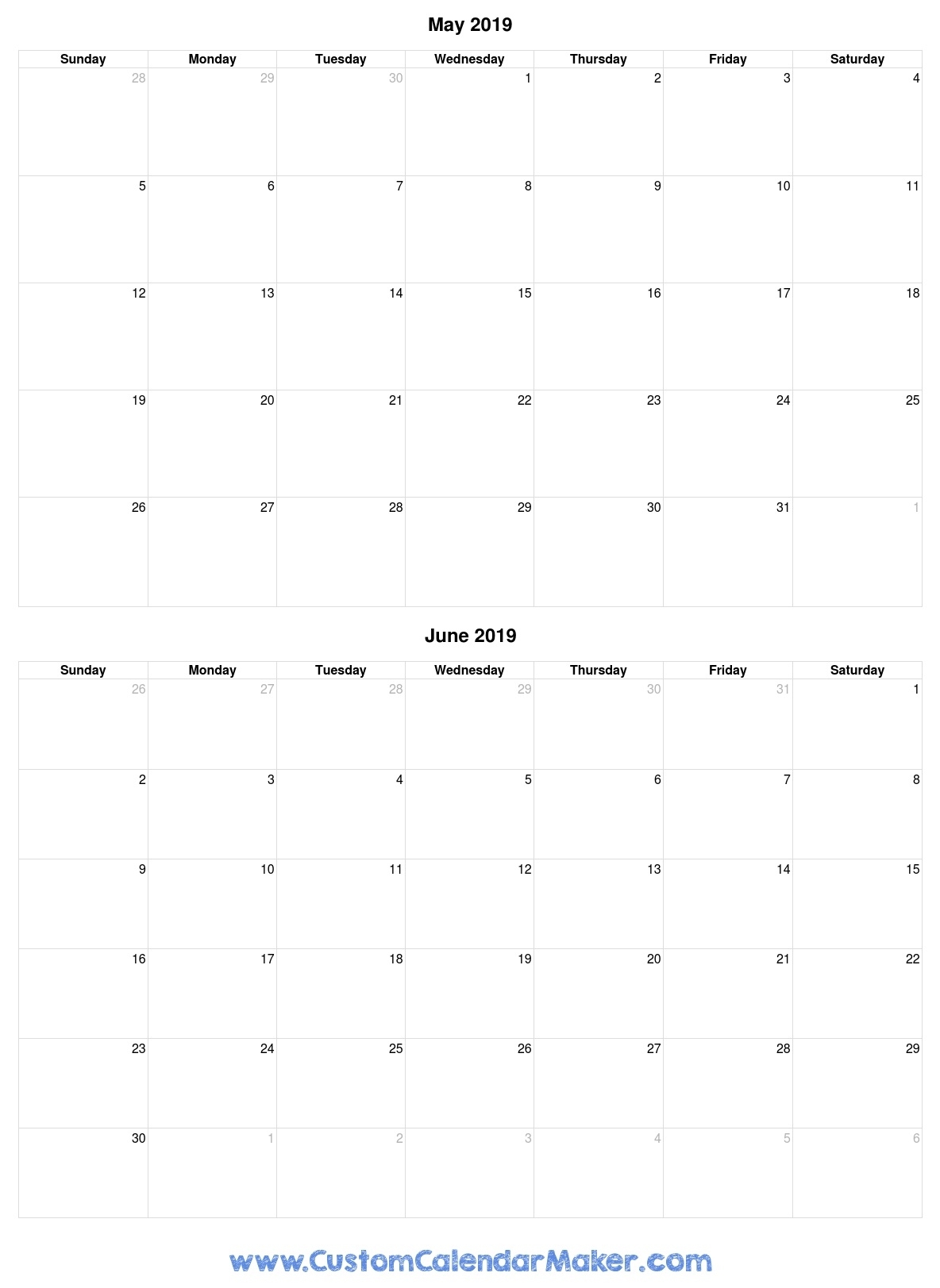 May And June 2019 Free Printable Calendar Template throughout Fill In Calendar 2019 Printable