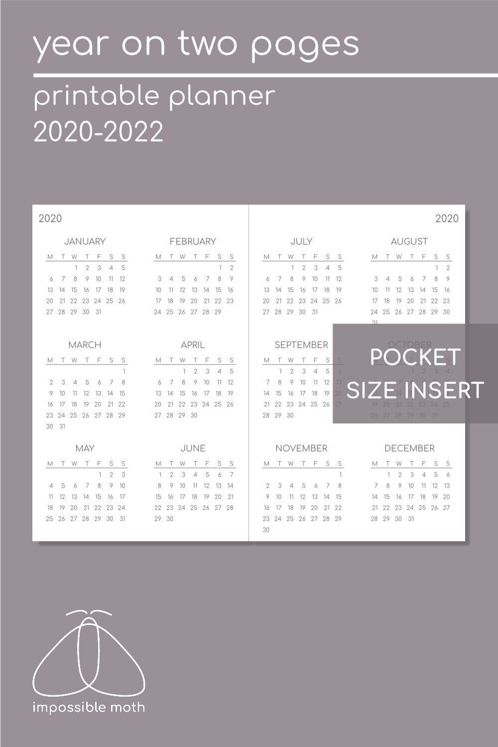 Minimalist Calendar 2020-2022 Pocket Size/Field Notes Size