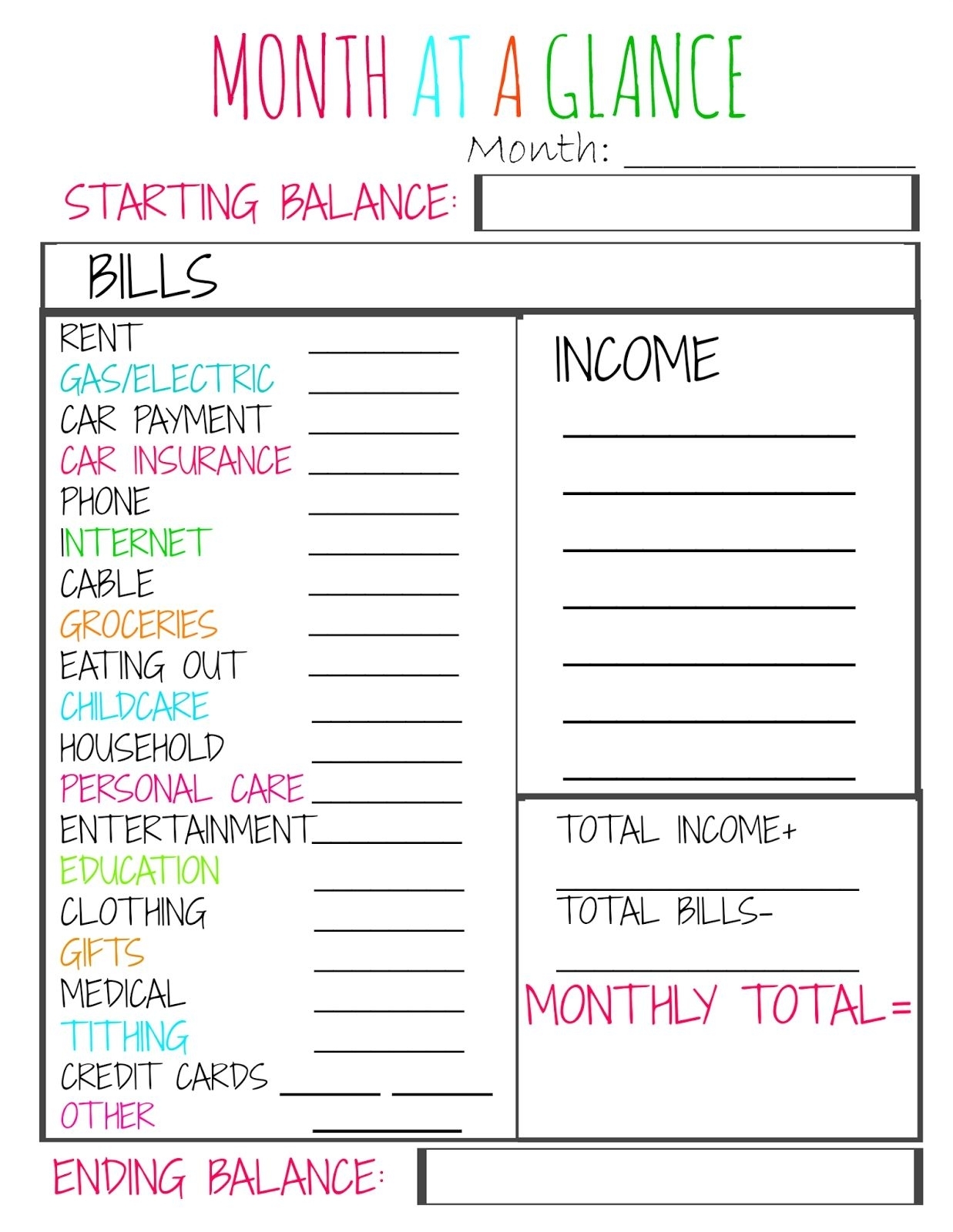 Month At A Glance Budget Worksheet In 2020 | Budget Planning
