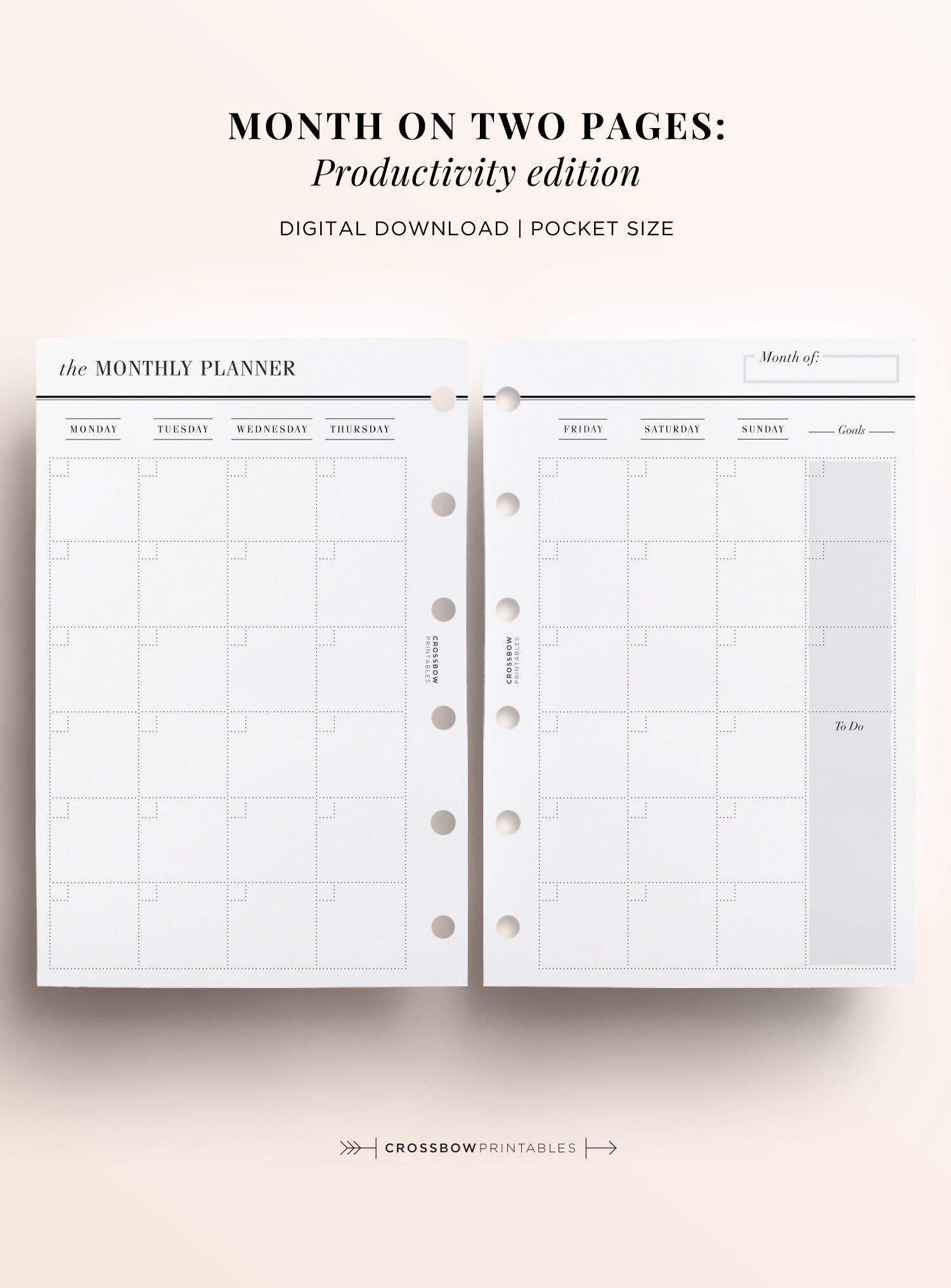 Month On Two Pages Productivity Edition: Printable Pocket Size Calendar