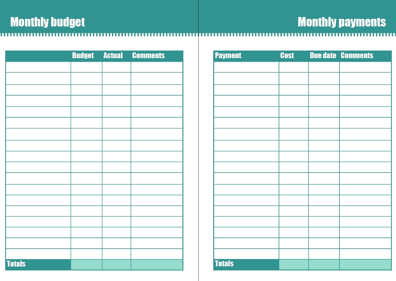 budget calendar printable