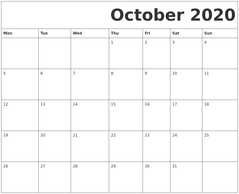 October 2020 Free Printable Calendar throughout Printable Monday Calendar Monday Start