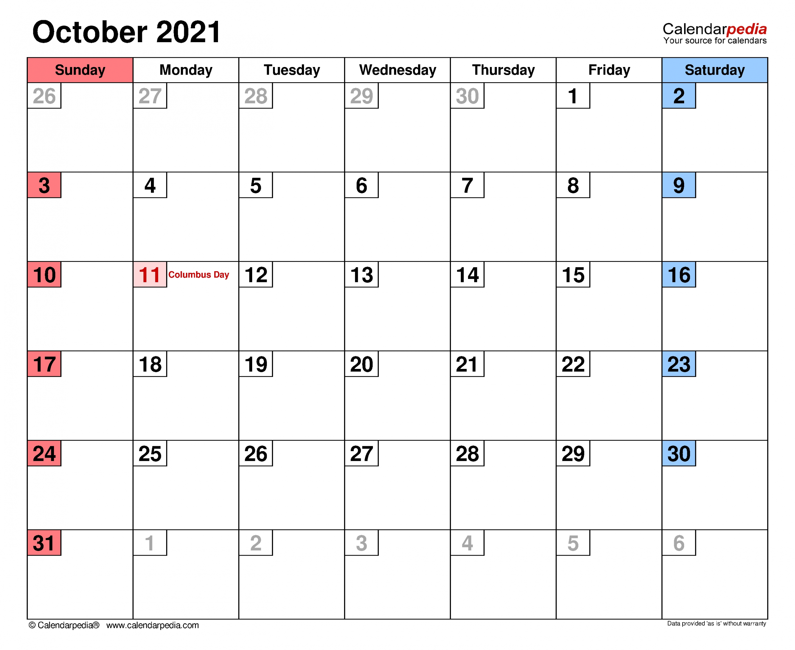 October 2021 Calendar | Templates For Word, Excel And Pdf