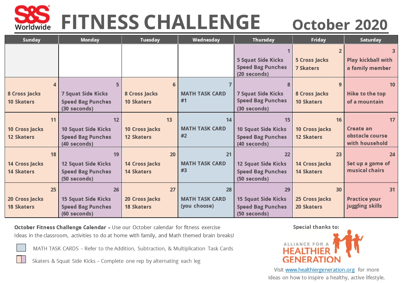 October Printable Fitness Challenge Calendar - S&amp;S Blog