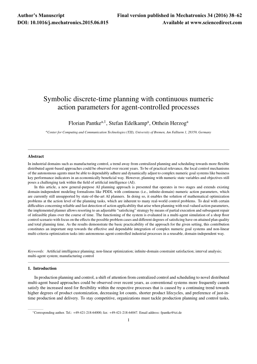 Pdf) Symbolic Discrete-Time Planning With Continuous Numeric