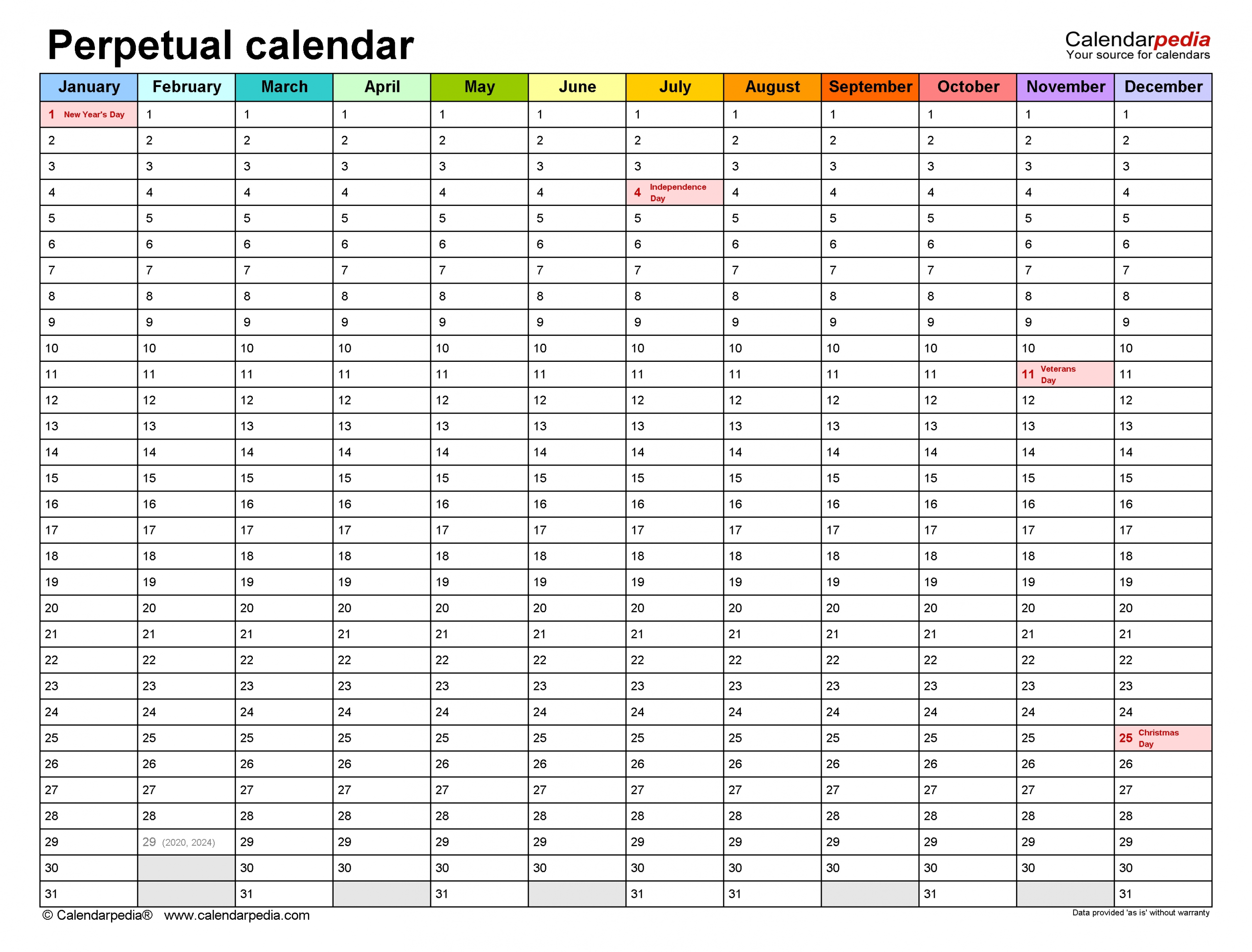 Free Printable Perpetual Calendar Template