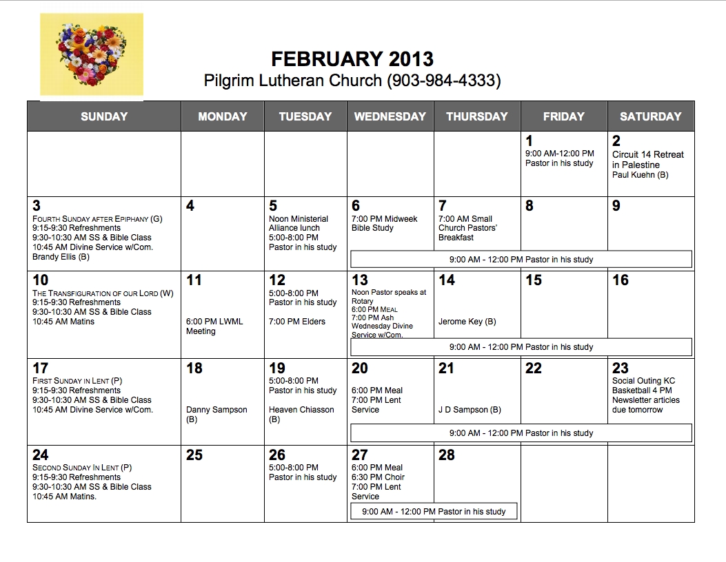 Pilgrim Lutheran Church — Calendar, February 2013