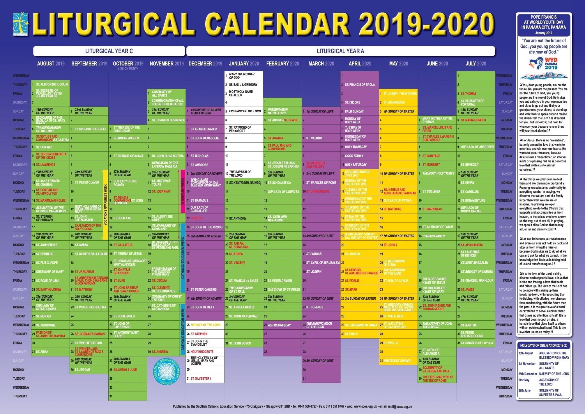 Liturgical Colors Catholic Calendar 2020