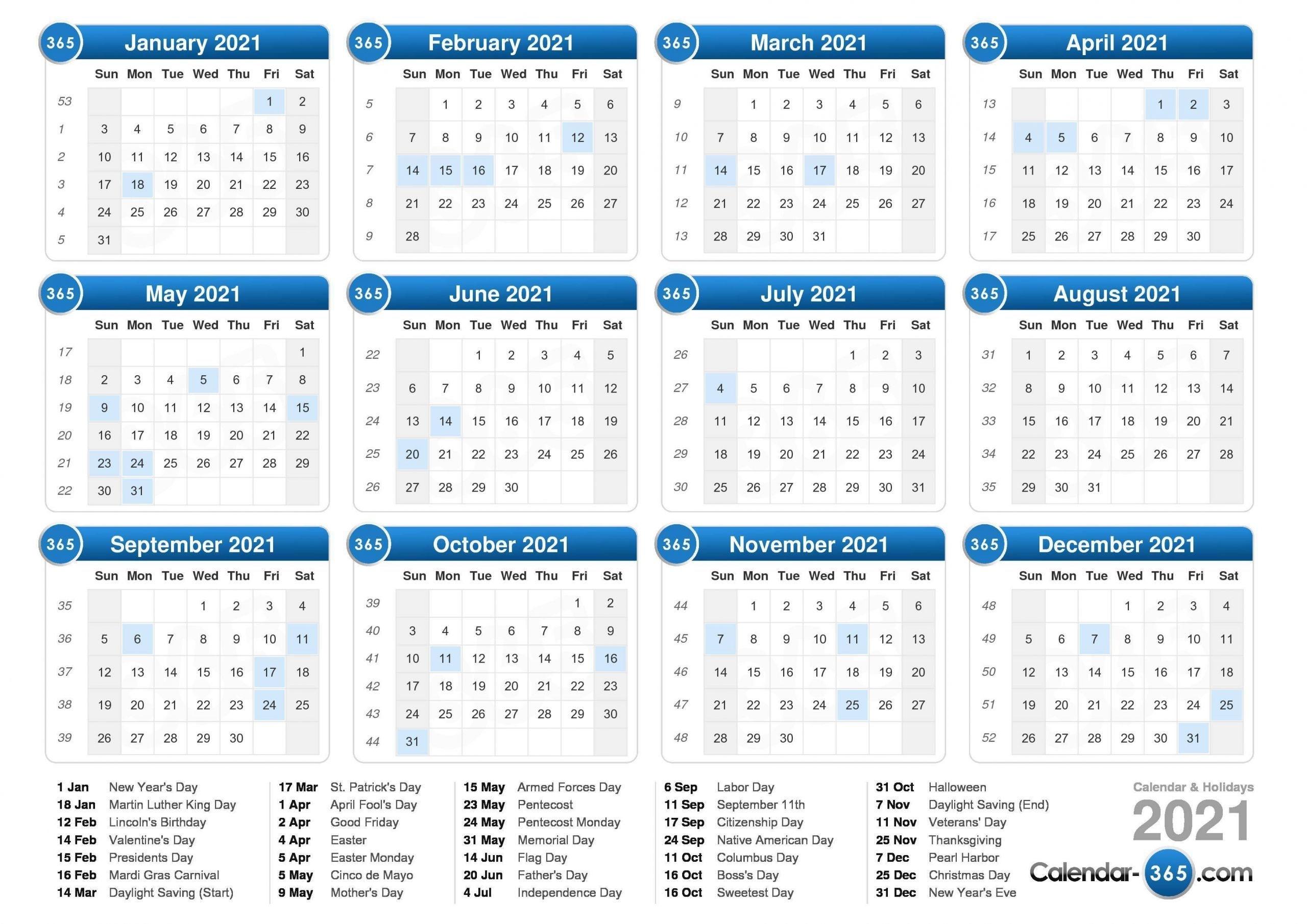 Excel Calendar 2021 With Week Numbers