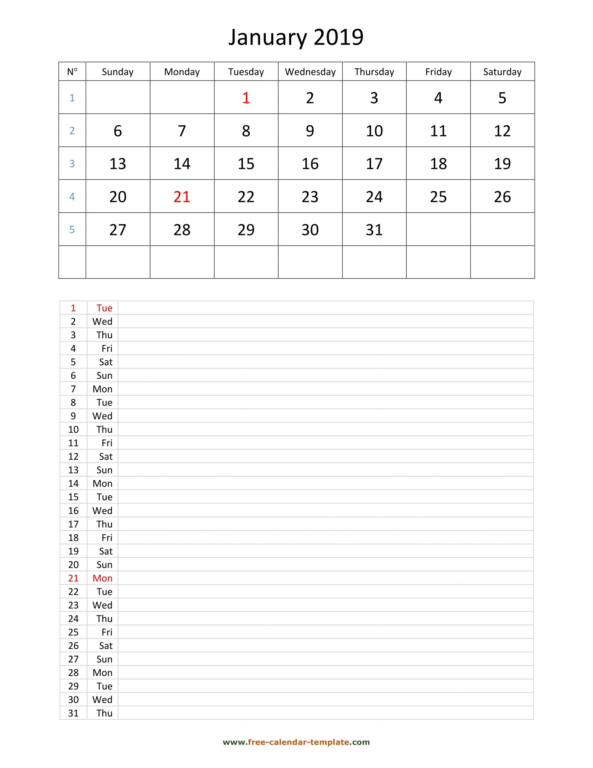 Printable 2019 Monthly Calendar Grid Lines For Daily Notes