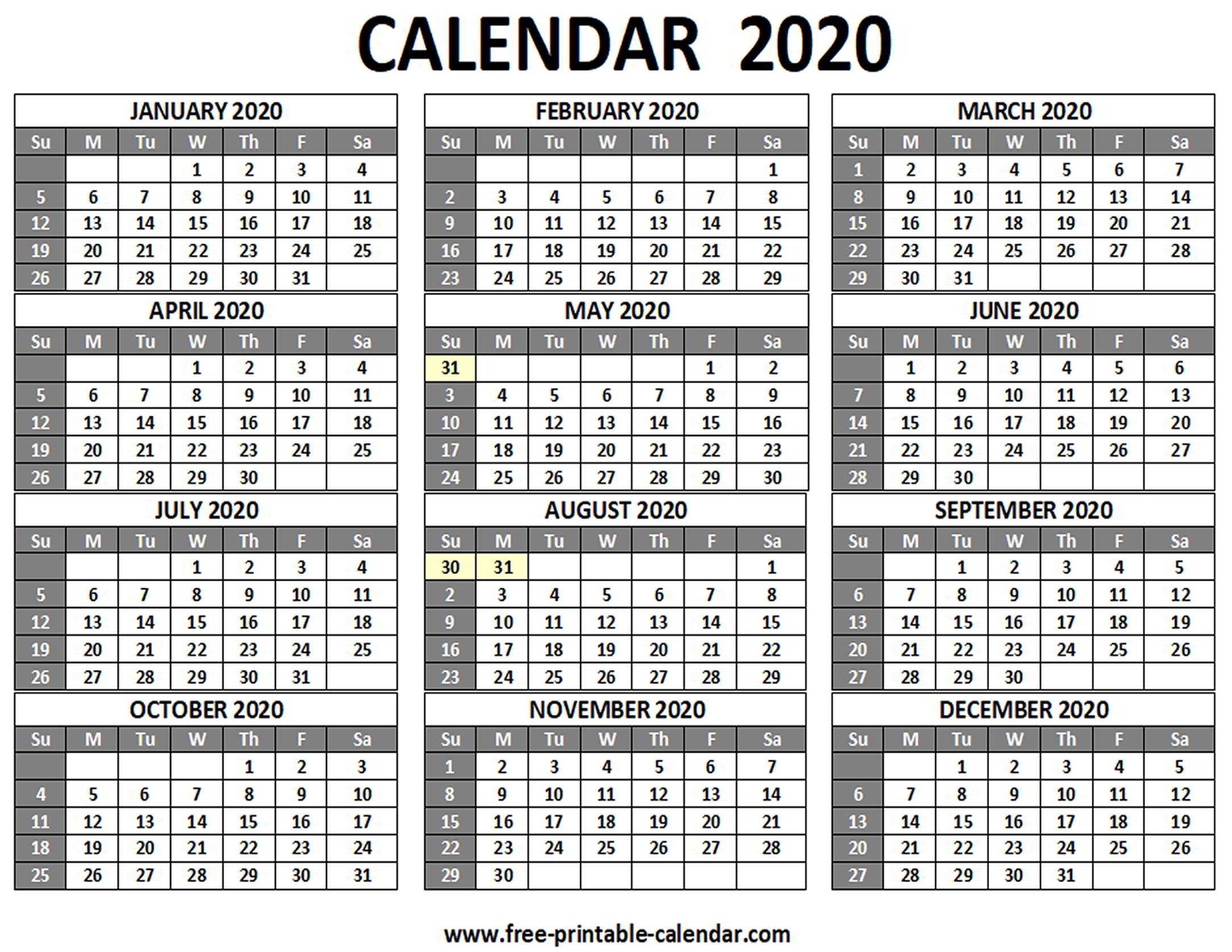 Printable 2020 Calendar - Free-Printable-Calendar pertaining to 2020 12 Month Calendar Printable