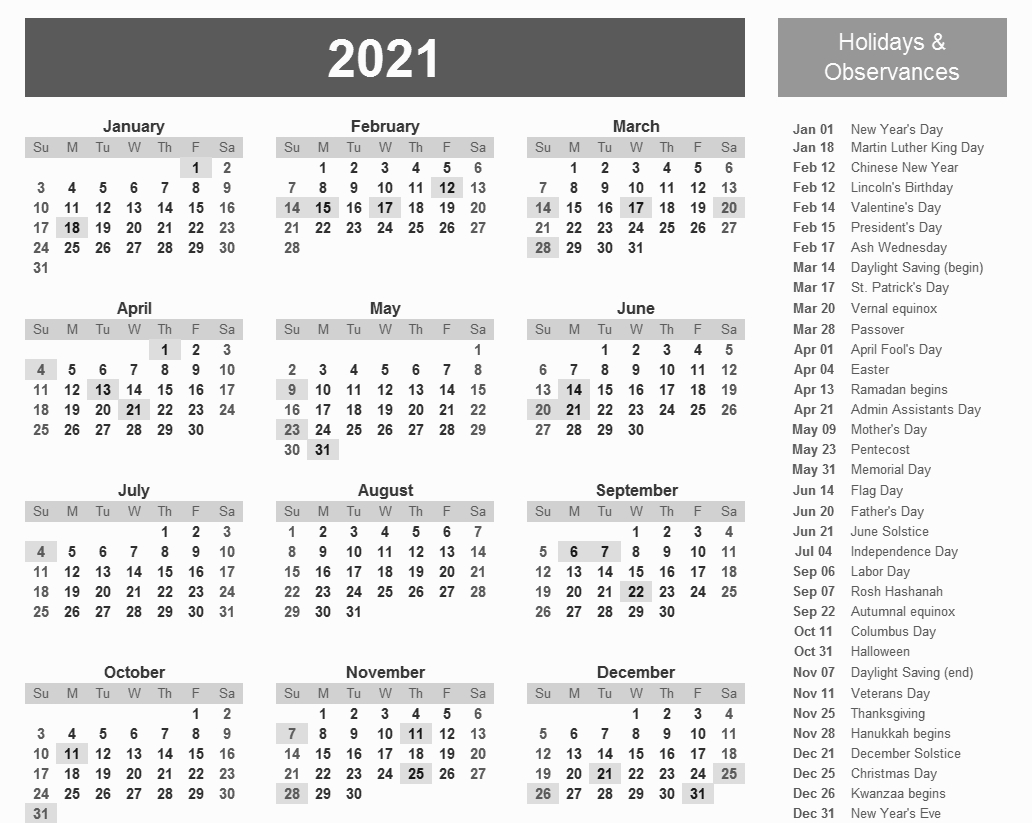 Printable 2021 Calendar With Holidays In 2020 | Printable