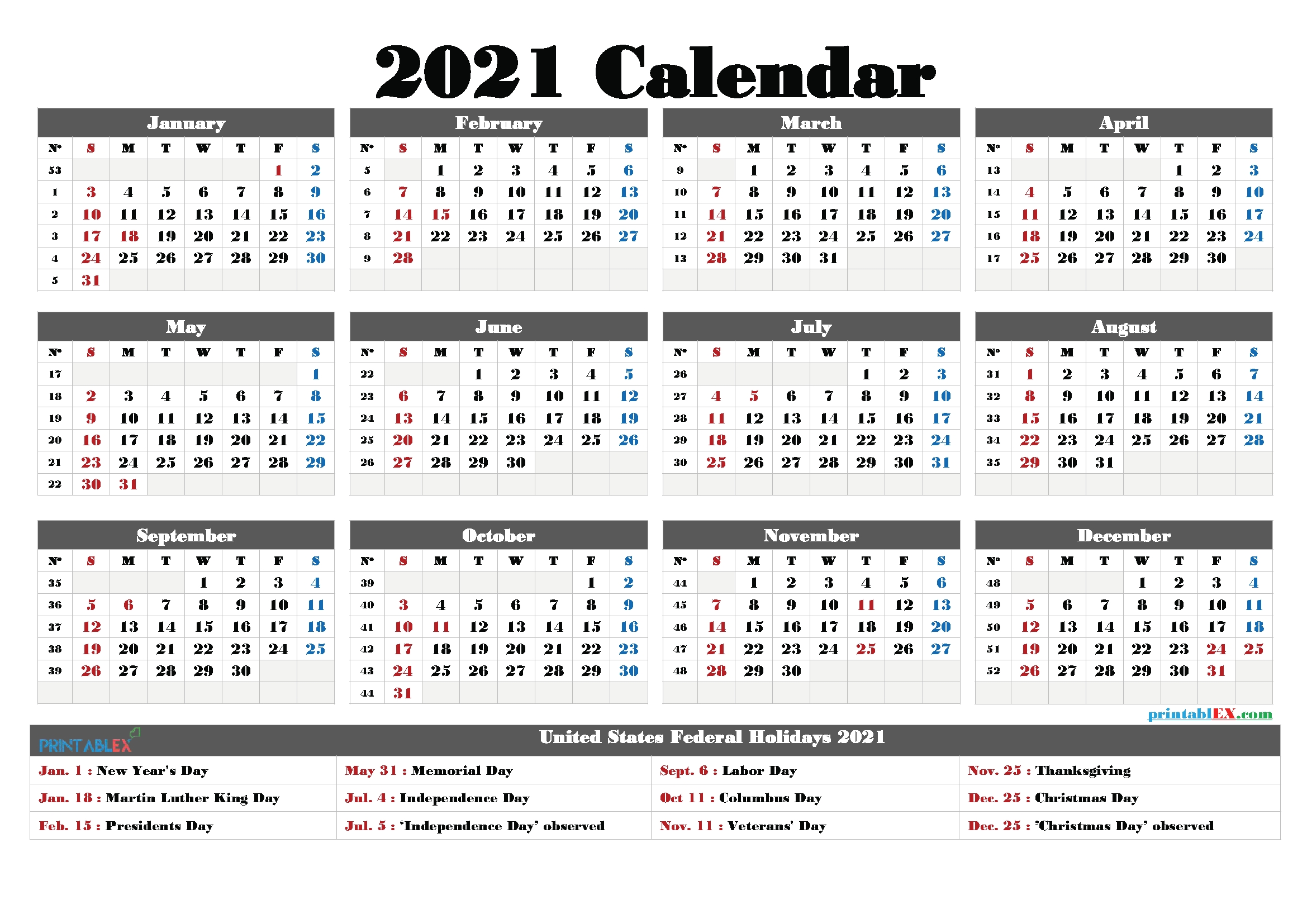 Printable 2021 Calendar With Holidays
