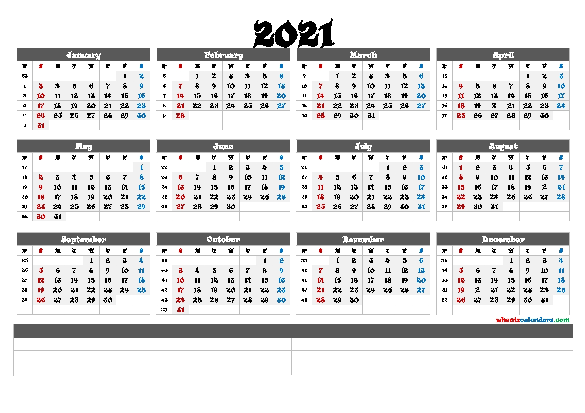 Printable 2021 Yearly Calendar With Week Numbers