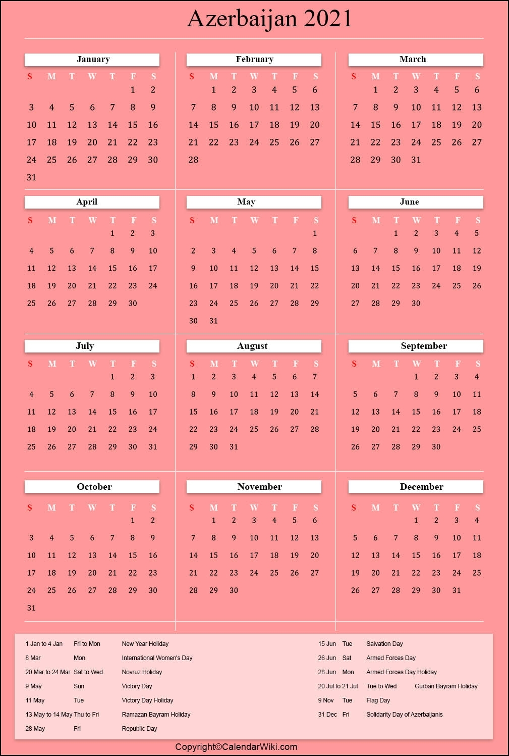 Printable Azerbaijan Calendar 2021 With Holidays [Public