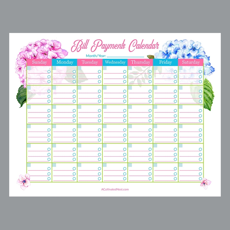 Printable Bill Payments Calendar- Hydrangeas