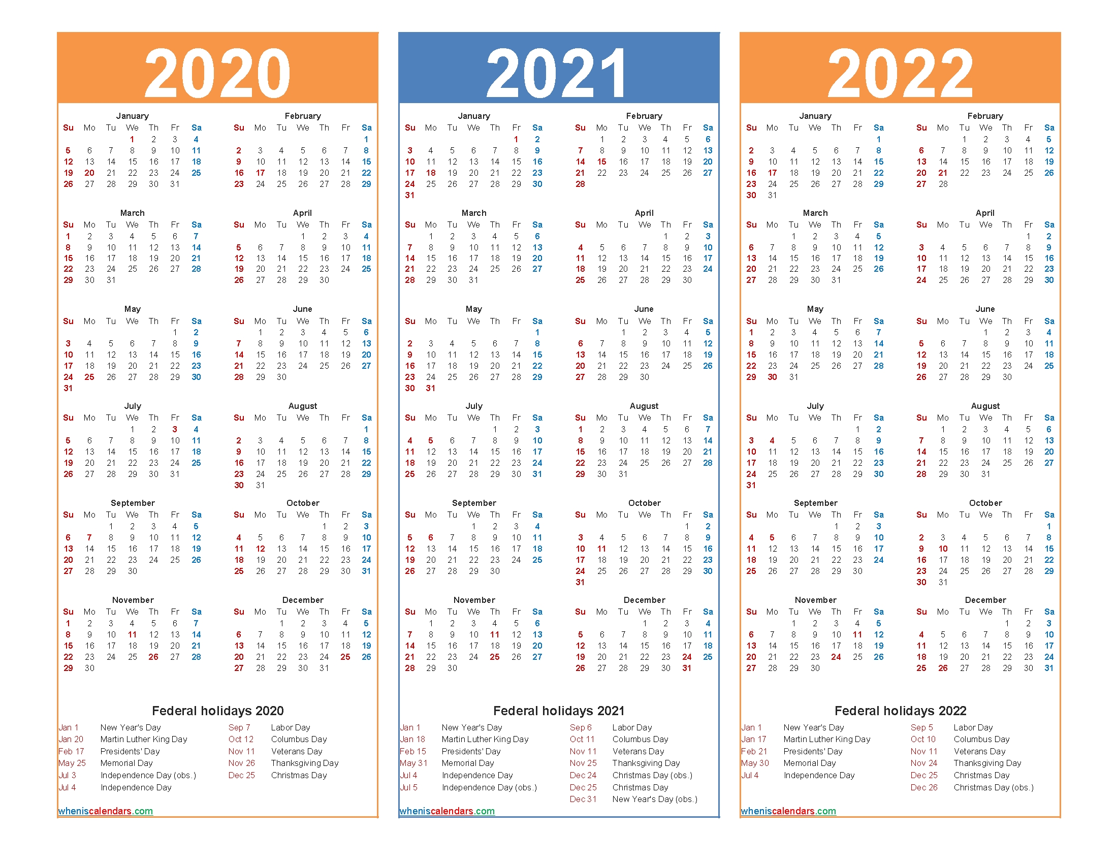 2020 2021 2022 Calendar Printable