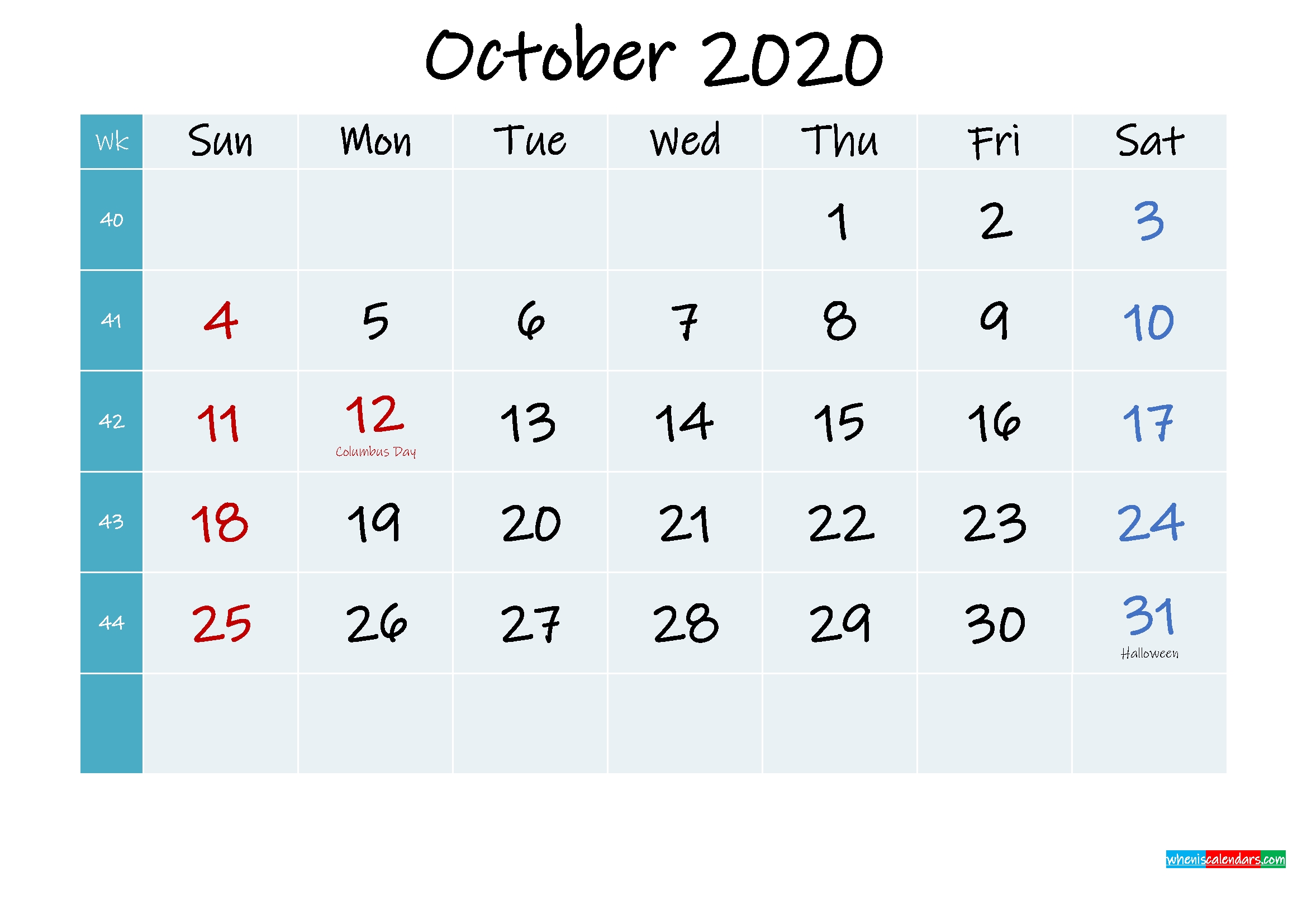 Printable Calendar October 2020 - Template No.ink20M322