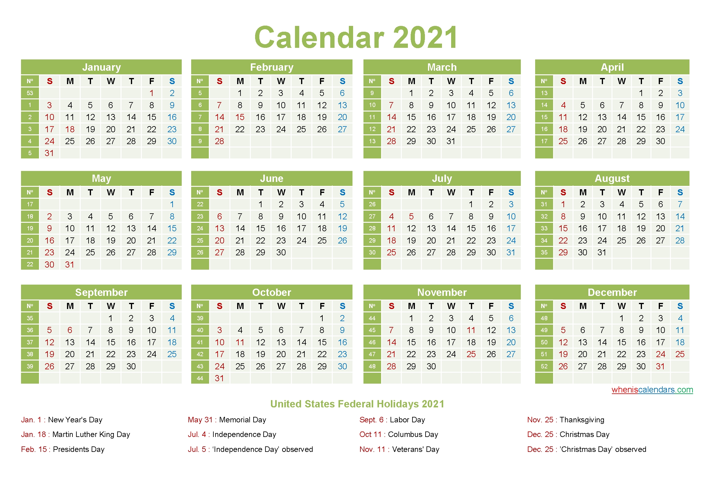 Printable Editable Calendar 2021 - Template No.ep21Y10