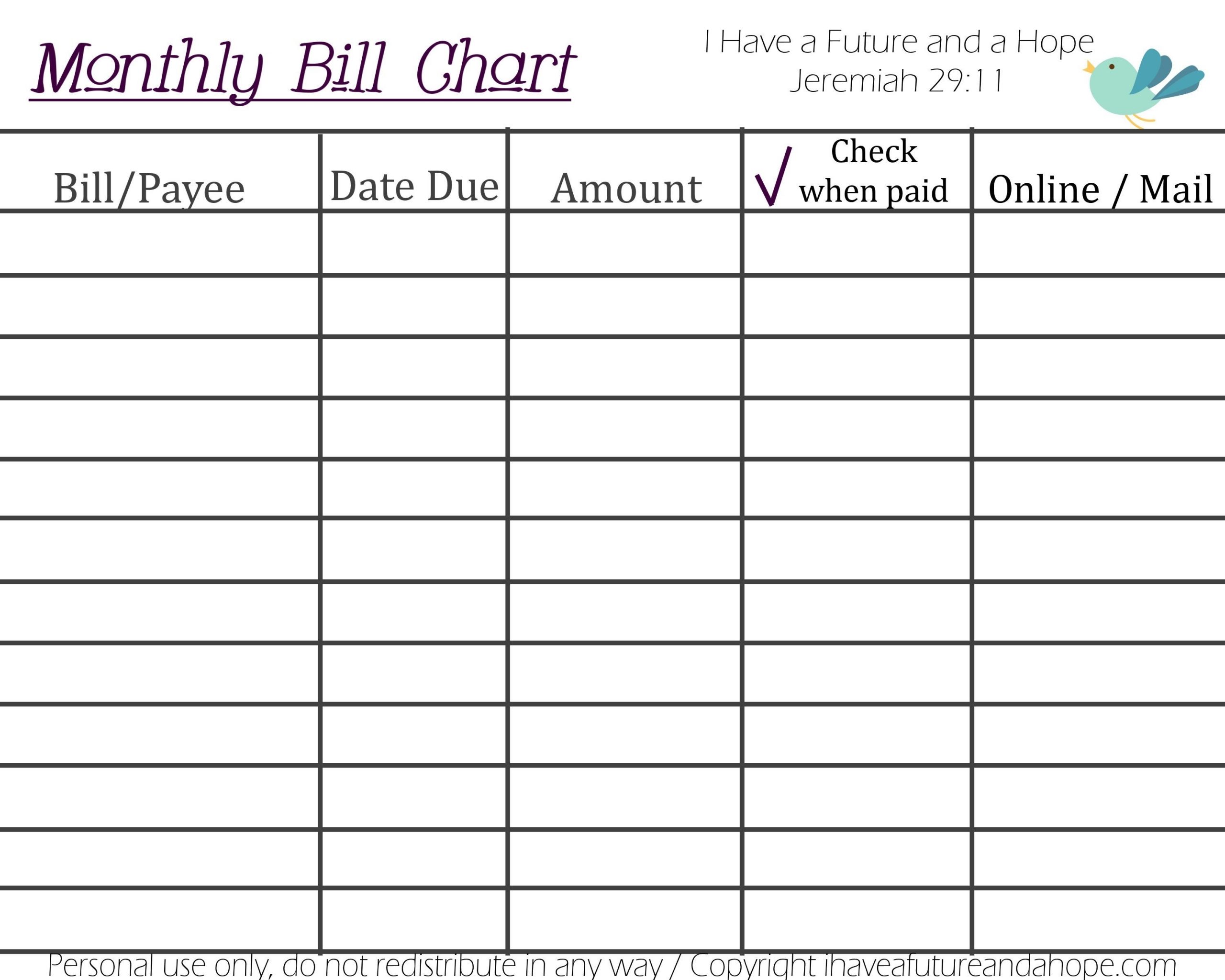 Printable Monthly Bill Chart | Paying Bills, Budget