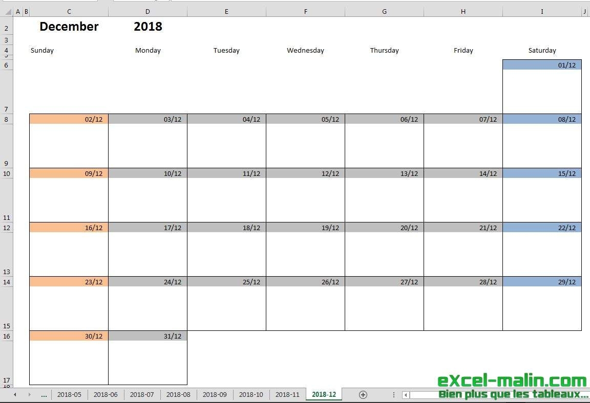 Printable Monthly Calendar Template For Excel | Excel-Malin