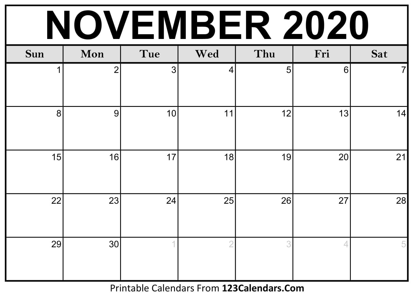 Printable November 2020 Calendar Templates | 123Calendars throughout 2020 Calendar To Fill In