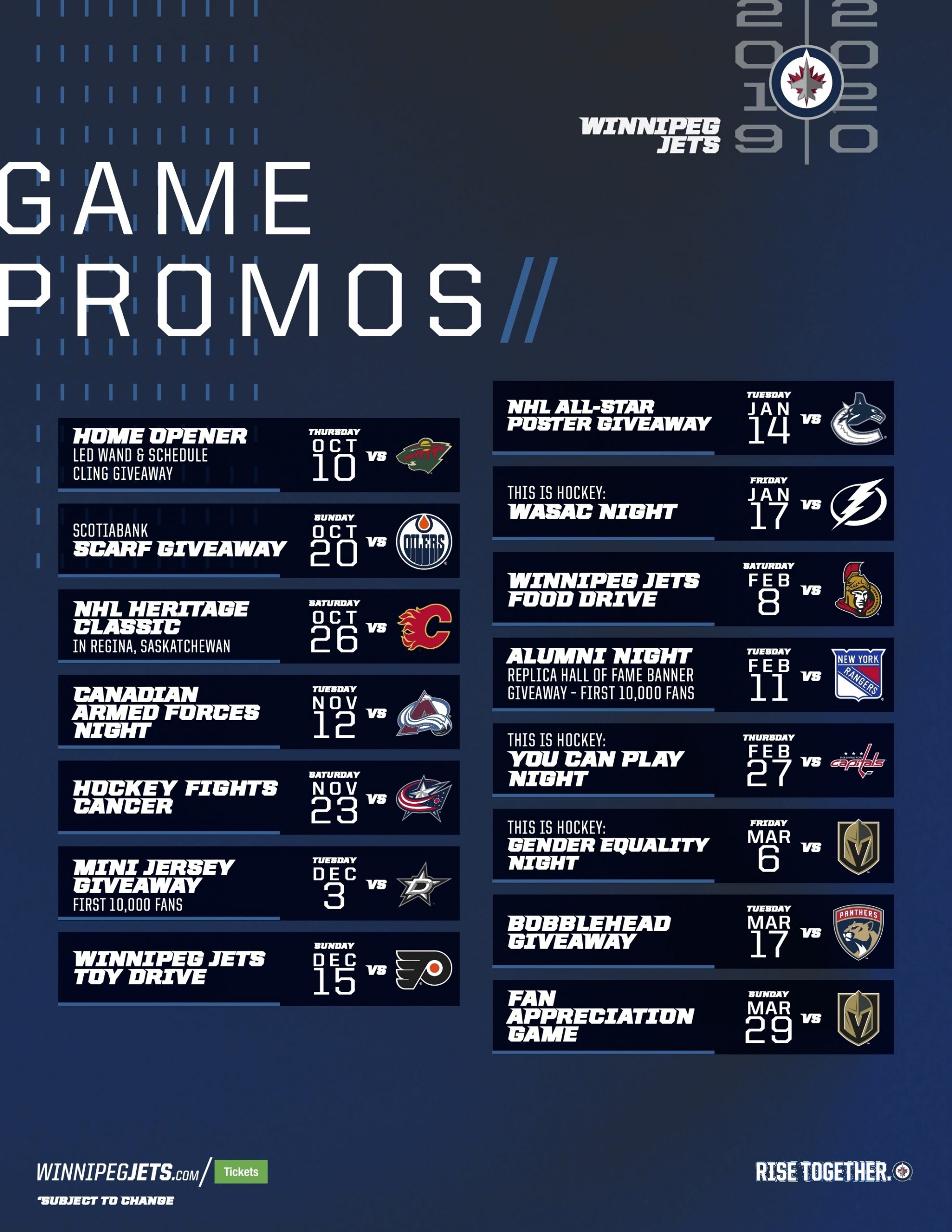 Promotional Games | Winnipeg Jets in Nashville Predators Printable Calendar Schedule