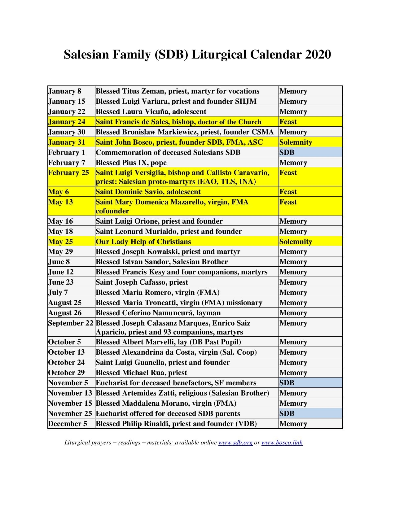 Resource - Salesian Liturgical Calendar 2020 intended for 2020 Catholic Liturgical Calendar Pdf