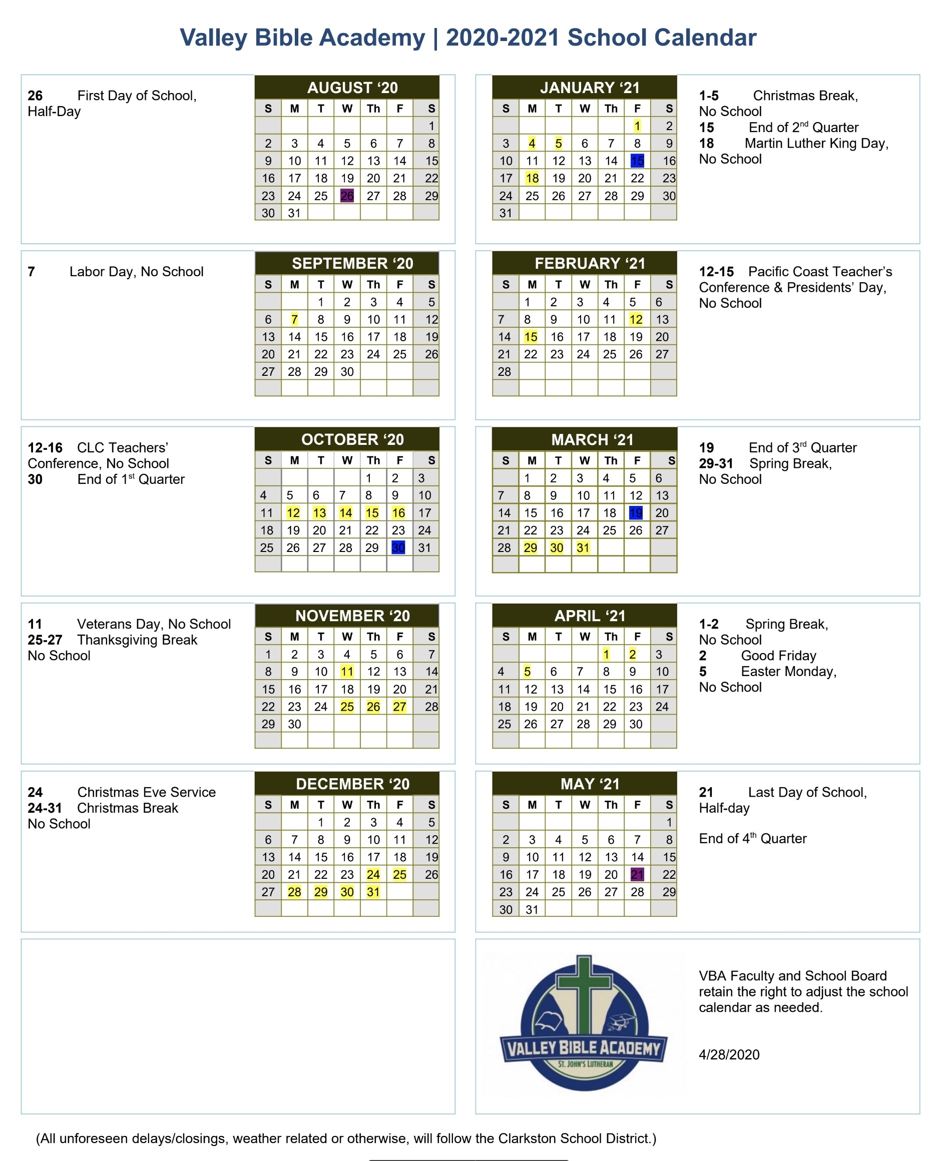 Christ Lutheran School Calendar 2025