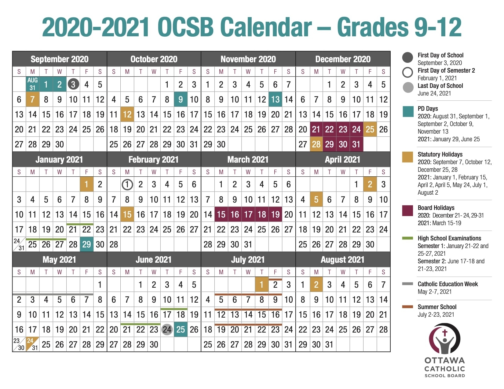 School Year Calendar From The Ocsb with Word Church Events Calender For 2020