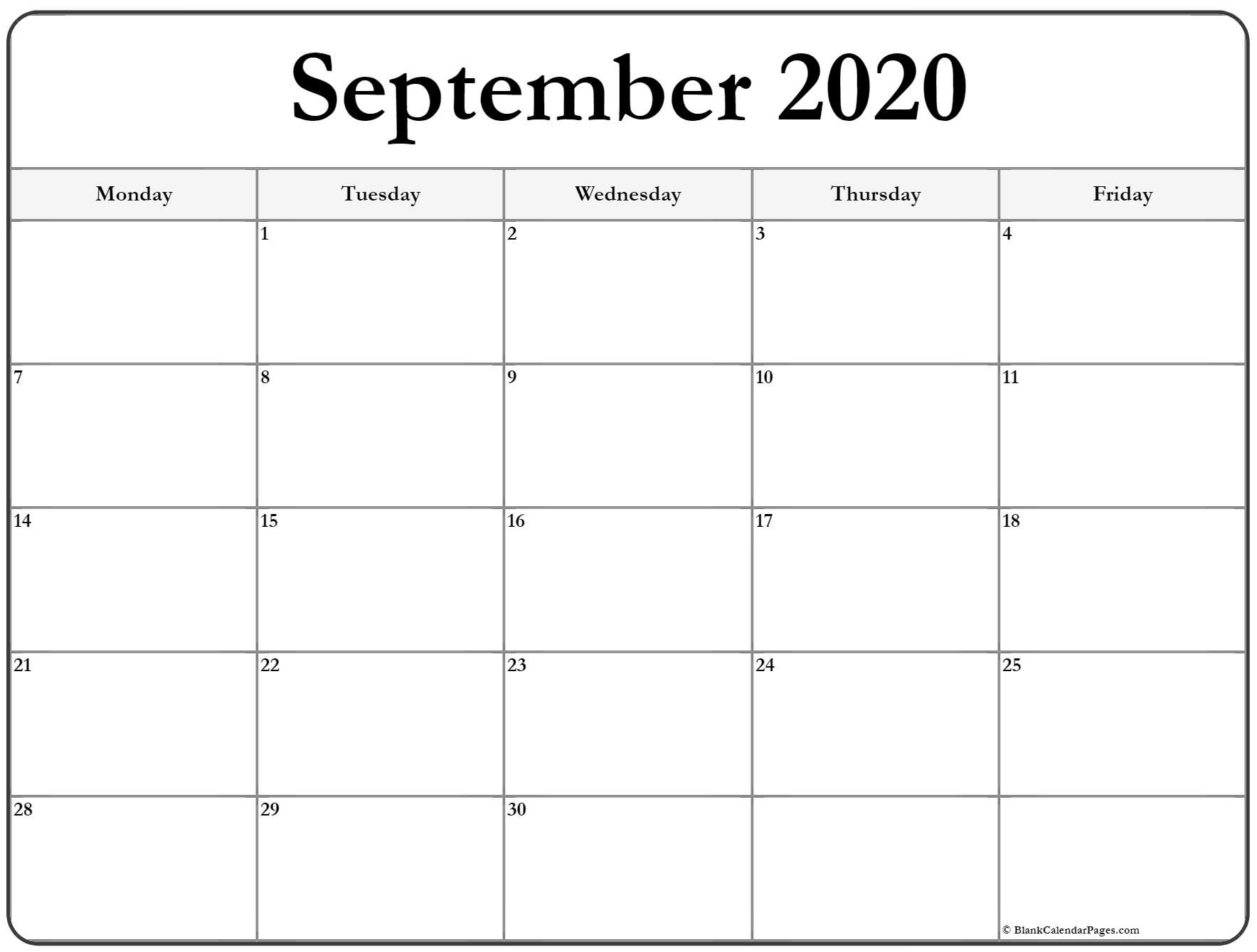 September 2020 Monday Calendar | Monday To Sunday